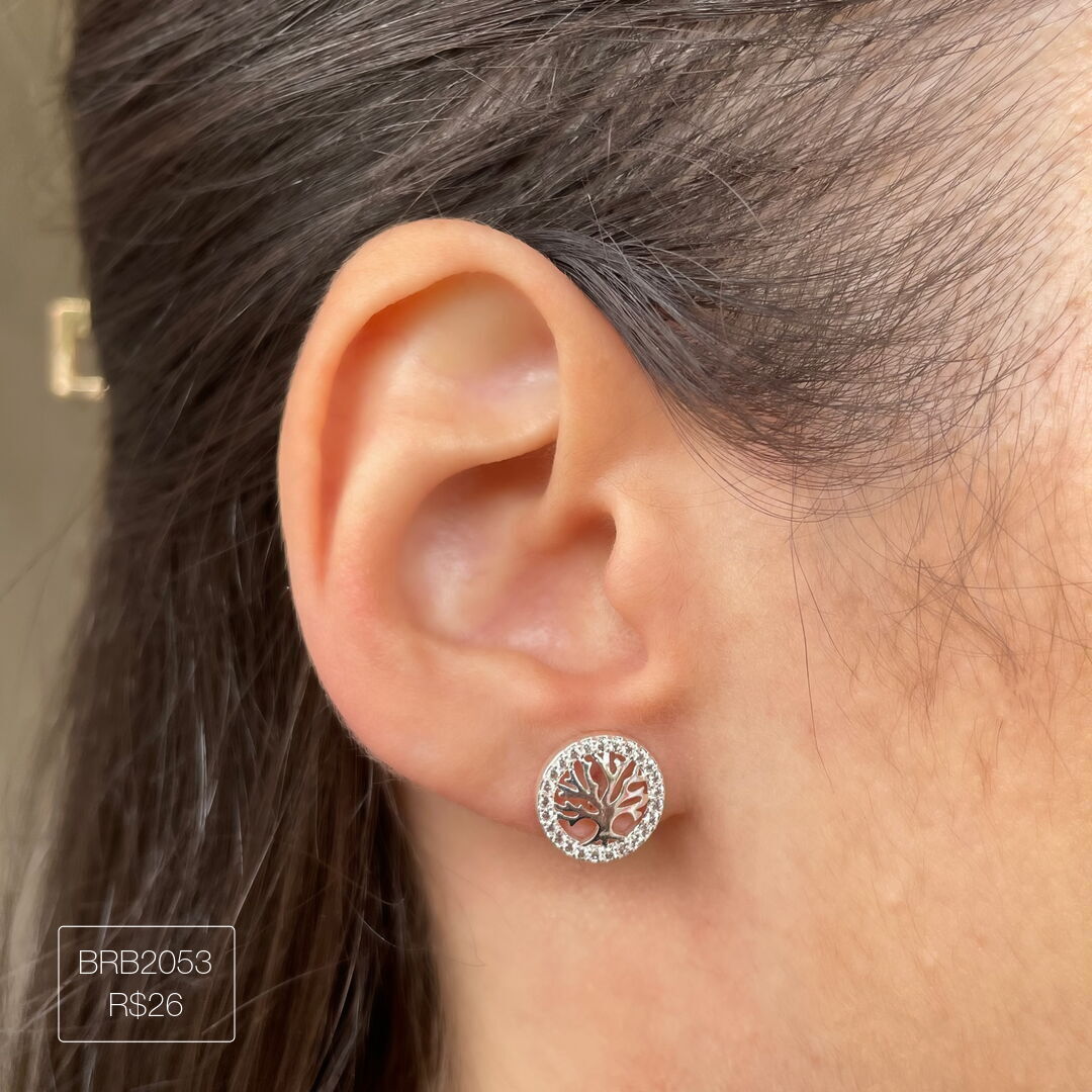 Brinco Árvore da Vida Cravejado Cristal Prateado